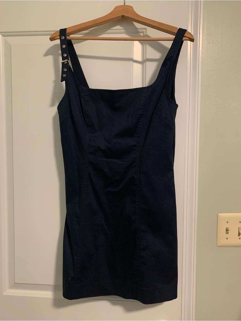 Maeve Navy Square-Neck Mini Dress with Buckle Strap